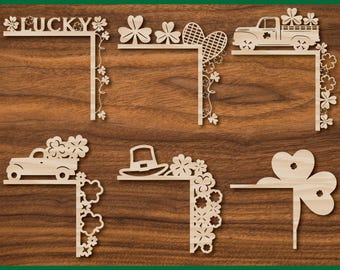 May include: Four different corner designs for a St. Patrick's Day door decoration. Each design features a truck carrying shamrocks, a shamrock, a leprechaun hat, or the word "LUCKY" with shamrocks.