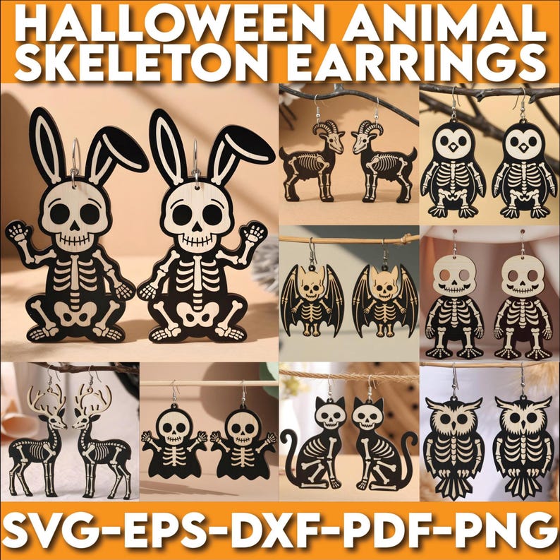 May include: A collection of Halloween-themed earrings featuring animal skeleton designs. The earrings include bunny, goat, penguin, bat, human, deer, ghost, cat, and owl skeletons. The earrings are black and white and are available in SVG, EPS, DXF, PDF, and PNG formats.