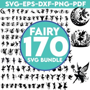 Pode incluir: Uma coleção de 170 designs SVG com tema de fadas em preto e branco. Os designs incluem fadas em várias poses, juntamente com luas crescentes, estrelas e elementos florais. O texto na imagem diz "FAIRY 170 SVG BUNDLE."