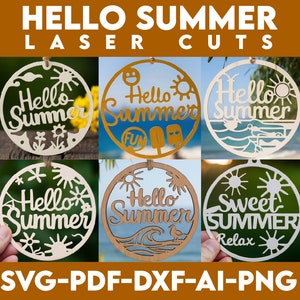 6 archivos cortados con láser "Hola Verano", SVG "Dulce Verano", SVG "Playa", archivo láser "Verano", SVG "Señal de bienvenida", colgado con láser, Glowforge, SVG, dxf, ai