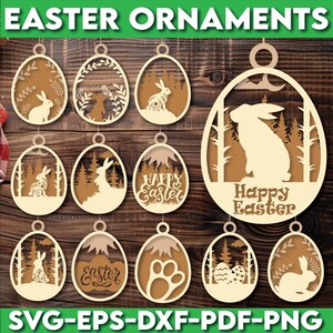 May include: Twelve laser cut wooden Easter egg ornaments with various designs. The ornaments feature bunnies, paw prints, eggs, and the text "Happy Easter" and "Easter".
