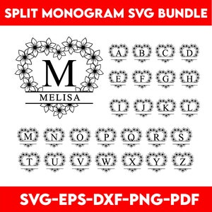 Paquete SVG de monograma dividido, letra derramada svg, imágenes prediseñadas del alfabeto, apellido svg, marco de nombre de familia, archivos de corte de uso comercial SVG/PNG/Eps/Dxf