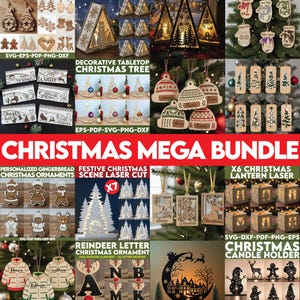 Könnte beinhalten: Eine Sammlung von lasergeschnittenen Weihnachtsdekorationen, darunter Ohrringe, Kerzenhalter, Tischbäume und Ornamente. Das Bild zeigt verschiedene festliche Designs, mit dem Text "CHRISTMAS MEGA BUNDLE" prominent dargestellt.