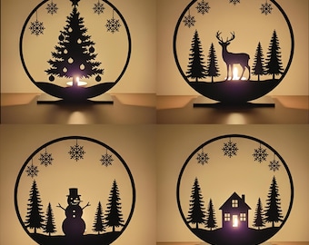 Paquete de candelabros navideños SVG cortados con láser, árbol de Navidad, escena de ciervos, temática de muñeco de nieve SVG DXF Navidad cortada con láser, Navidad cortada con láser