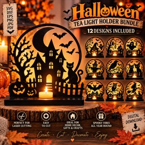 以下が含まれることがあります： ハロウィーンのティーライトホルダーデザイン12種類を収録したデジタルバンドル。お化け屋敷、猫、コウモリ、カボチャ、魔女の黒いシルエットが特徴です。レーザーカット用にSVG、DXF、EPS、PNG、JPG、PDF形式のファイルが含まれています。