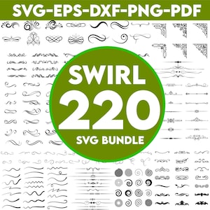 May include: A collection of 220 black and white swirl SVG designs. The designs include swirls, corners, borders, and dividers. The designs are perfect for use in crafting, scrapbooking, and digital design.
