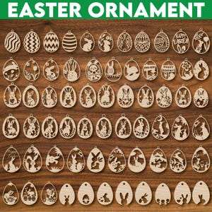 Könnte beinhalten: Ein Set mit 60 lasergeschnittenen Ostereier-Anhängern mit verschiedenen Designs, darunter Hasen, Blumen und die Worte "Frohe Ostern".