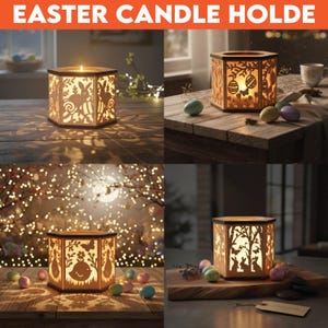 Puede incluir: Portavelas hexagonal de madera con intrincados recortes temáticos de Pascua. El diseño presenta conejos, huevos y patrones florales. El texto "EASTER CANDLE HOLDE" está en la parte superior. El portavelas está iluminado, proyectando sombras decorativas.