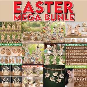 Może przedstawiać: Kolekcja wielkanocnych drewnianych rzemiosł i dekoracji. Obraz przedstawia różne wzory wycinane laserowo, w tym figurki królików, kolczyki w kształcie jajek wielkanocnych, ozdoby i dekoracyjne kosze. Tekst "EASTER MEGA BUNDLE" jest wyświetlany u góry.