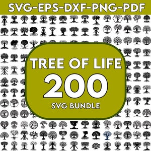 May include: A digital download of 200 black and white tree of life SVG designs. The image shows a variety of tree of life designs, including trees with roots, branches, and leaves. The text "TREE OF LIFE 200 SVG BUNDLE" is displayed in a green box.