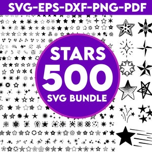 Könnte beinhalten: Eine Sammlung von 500 schwarzen und weißen Stern-SVG-Designs. Die Sterne sind in verschiedenen Formen und Größen, darunter einfache Sterne, Sternschnuppen und Sterne mit komplizierten Details. Der Text "STARS 500 SVG BUNDLE" wird in einem violetten Kreis angezeigt.
