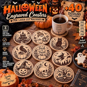 May include: A collection of nine round wooden coasters featuring laser-engraved Halloween designs including a haunted house, ghost, cat, raven, pumpkin, witch, skull, and spooky tree, displayed with a coffee mug and ghost-shaped cookies.