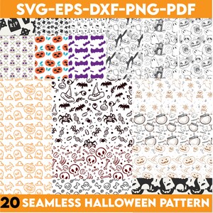May include: Twenty seamless Halloween patterns in black, white, orange, and purple. The patterns feature various Halloween icons such as pumpkins, ghosts, bats, skulls, and candy.