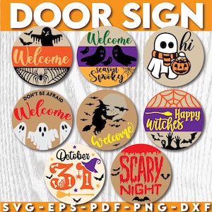 Halloween deur teken SVG bundel, schattige Ghost deur hanger svg, grappige heks teken lasergesneden bestanden, Spooky Round Sign svg, Glowforge svg-bestanden