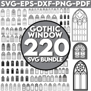 Puede incluir: Un conjunto de 220 diseños de ventanas góticas en formatos SVG, EPS, DXF, PNG y PDF. La imagen muestra varias ilustraciones de ventanas en blanco y negro, con el texto "GOTHIC WINDOW 220 SVG BUNDLE" en un círculo.