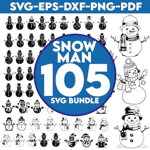 May include: A digital download of 105 black and white snowman SVG cut files. The SVG bundle includes a variety of snowman designs, including traditional snowmen with hats and scarves, snowmen with arms outstretched, and snowmen with different facial expressions. The text "SNOW MAN 105 SVG BUNDLE" is displayed in a blue circle.