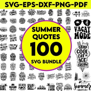 May include: A black and white graphic design image with 100 summer quotes. The image features a variety of summer-themed phrases, including "Beach Days", "Stay Cool", "Aloha Summer", and "Summer Adventure".