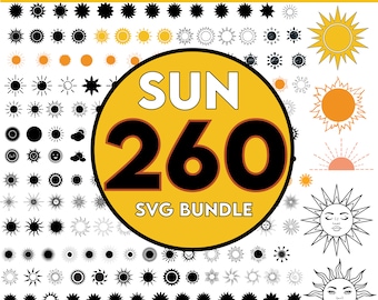 May include: A collection of 260 sun SVG designs in black, white, and yellow. The designs include various styles of suns, including simple circles, detailed rays, and stylized faces. The text "SUN 260 SVG BUNDLE" is displayed in a yellow circle.