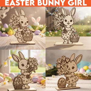 Puede incluir: Figura de madera de Conejita de Pascua con flores y una cesta de huevos de Pascua. La conejita lleva un vestido. El texto "EASTER BUNNY GIRL" está en la parte superior de la imagen.