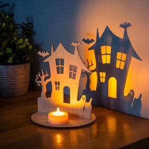 Halloween Tea Light Decor SVG, Halloween Shadow Candle Holder laser cut, haunted house, Pumpkin tealight candle holder
