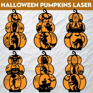 Może przedstawiać: Sześć czarno-pomarańczowych wzorów stosu dyni na Halloween z różnymi postaciami z dreszczykiem. Postacie obejmują czarownicę, ducha, kota, pająka, nietoperza i nawiedzony dom.