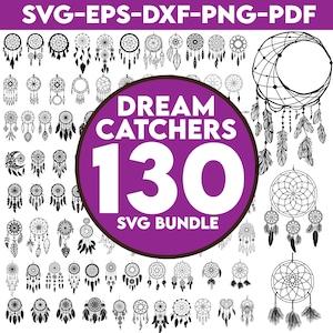 Peut inclure: Une collection de 130 designs de capteur de rêves SVG en noir et blanc. Les designs sont disposés en lignes et en colonnes sur un fond blanc. Le texte "DREAM CATCHERS 130 SVG BUNDLE" est dans un cercle violet au centre de l'image.