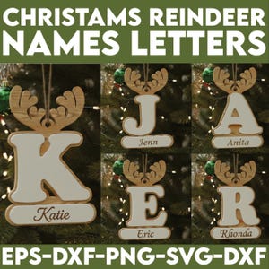 May include: Wooden Christmas ornaments in the shape of reindeer antlers with letters and names. The ornaments are white with a wooden antler design. The names Katie, Jenn, Anita, Eric, and Rhonda are displayed.