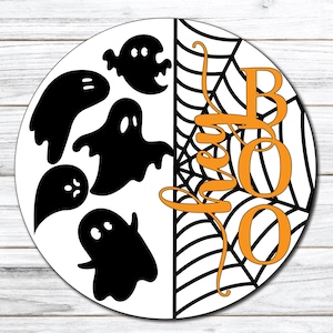 Laser Cut Door Hanger SVG | Hey Boo Ghost Sign | DIY Round Sign Template | Digital SVG for Glowforge xTool | Halloween Porch Decor
