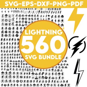 Könnte beinhalten: Ein gelber Kreis mit dem Text "LIGHTNING 560 SVG BUNDLE" in Schwarz. Der Hintergrund ist ein Raster aus 560 schwarzen Blitzs Symbolen.