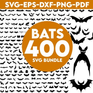 May include: A digital download of 400 black bat SVG files. The bats are in various shapes and sizes. The text "Bats 400 SVG Bundle" is on a large orange circle.