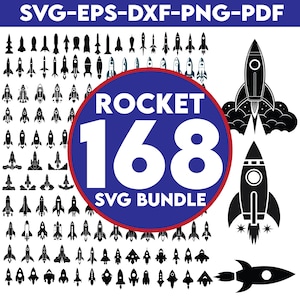 May include: A collection of 168 rocket designs in black and white, with a blue and red circular graphic that reads "ROCKET 168 SVG BUNDLE". The image includes various rocket illustrations in different styles, along with file type information.