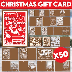 May include: A selection of Christmas gift cards with festive designs. The cards display laser-cut images of Santa Claus, reindeer, Christmas trees, and holiday greetings. The text "CHRISTMAS GIFT CARD" is at the top, and a red circle indicates a quantity of 50 cards.