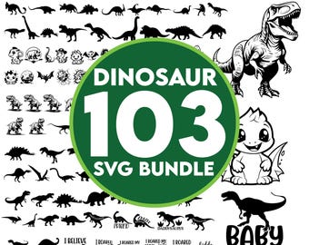May include: A digital SVG bundle featuring 103 dinosaur designs in black and white. The image includes various dinosaur silhouettes, a T-Rex illustration, and text that reads "DINOSAUR 103 SVG BUNDLE" and "BABY saurus".