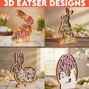 Könnte beinhalten: Osterdekorationen aus Holz in 3D mit Hasen und einem Ei, mit dem Text "Happy Easter". Die Designs sind mit warmen Lichtern beleuchtet und von Osterdekorationen umgeben. Der obere Text lautet "3D EATSER DESIGNS".