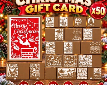 May include: A collection of fifty Christmas gift card designs featuring intricate laser-cut style patterns of Santa Claus, reindeer, sleighs, and holiday trees. The cards include text such as Merry Christmas and Oh Holly Night, provided in SVG, DXF, EPS, PNG, and PDF formats.