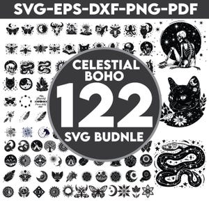 Celestial Boho SVG Bundle, 100 mystische Boho Designs, spirituelle Frau Mond Stern Sonne Clipart, Witchy Göttin Silhouette PNG EPS, Boho Ar