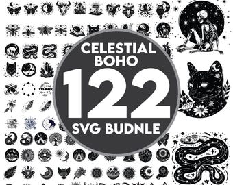 Celestial Boho SVG Bundle, 100 Mystic Boho Designs, Spiritual Woman Moon Star Sun Clipart, Witchy Goddess Silhouette PNG EPS, Boho Ar