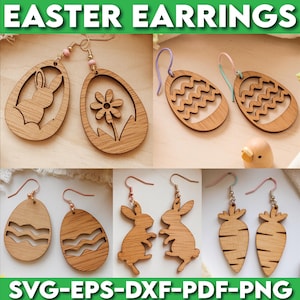 Archivos cortados con láser para aretes de Pascua, aretes de conejito SVG, aretes de huevo SVG, archivo de corte de plantillas de aretes de Pascua, paquete SVG de aretes de primavera