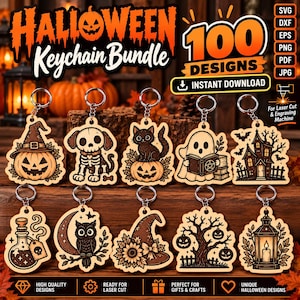 Op de afbeelding: Een digitale bundel van 100 Halloween sleutelhangerontwerpen met lasergesneden houten motieven zoals een pompoen, skelet hond, zwarte kat, spook, spookhuis, toverdrankfles, uil, heksenhoed, boom en lantaarn, inclusief bestandsformaten.