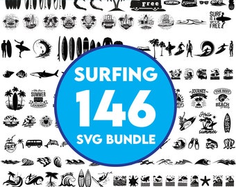 Può includere: Un cerchio blu con il testo "SURFING 146 SVG BUNDLE" in nero. Il cerchio è circondato da 146 illustrazioni in bianco e nero su temi di surf, spiaggia ed estate.