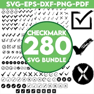May include: A selection of black and white checkmark and cross illustrations. The image features a green circle with the text "CHECKMARK 280 SVG BUNDLE" and file type indicators. Various checkmark designs are shown.