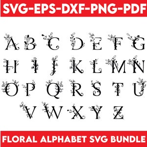 Letra del monograma A-Z, Alfabeto floral Svg, Eps, Dxf, Png, Pdf, Letra floral Svg, Archivo de corte de alfabeto botánico, Archivos de corte de letras, Descarga instantánea