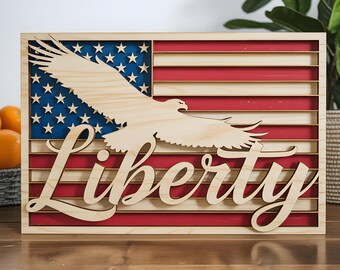 Gelaagde Amerikaanse vlag Liberty patriottische meerlaagse teken, digitaal SVG-bestand Glowforge Ready lasergesneden, America Sign laserbestand, dxf