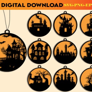 May include: Ten black and orange Halloween-themed ornaments featuring different silhouette designs of haunted houses. Each ornament is a circle with a black silhouette of a house on an orange background.