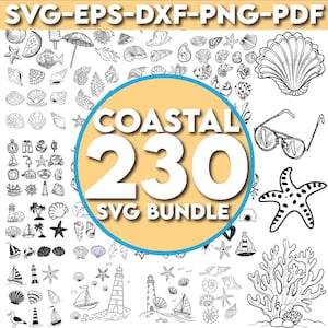 Coastal clipart bundle +230 hand-drawn beach ocean elements | summer nautical SVG, PNG, eps for sublimation DIY projects