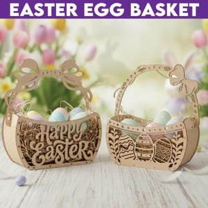 May include: Two wooden Easter egg baskets. One basket has the words "Happy Easter" cut out. Both baskets are filled with pastel-colored eggs and decorative straw. The handles are shaped like bows.