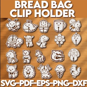 Op de afbeelding: Een verzameling broodzakcliphouders met diverse dier- en objectontwerpen, waaronder een bij, walvis, cactus, mok, eekhoorn, schildpad, koe, dinosaurus, bloem, aardbei, beer, paard, bulldog, paddenstoel, vos, egel, koe, ijsje en kip. De tekst "BREAD BAG CLIP HOLDER" staat bovenaan.