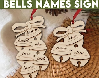 1-10 famille Noël cloches noms signe SVG | Fichier d'étiquette de nom de vacances découpé au laser | Fichier numérique Glowforge xTool DIY Gift 2025