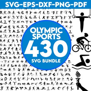 Może przedstawiać: Niebieskie koło z białym tekstem „OLYMPIC SPORTS 430 SVG BUNDLE” otoczone siatką 430 czarno-białych ikon przedstawiających różne dyscypliny sportu olimpijskiego.