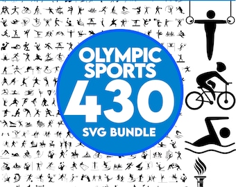 May include: A blue circle with white text that reads "OLYMPIC SPORTS 430 SVG BUNDLE" surrounded by a grid of 430 black and white icons depicting various Olympic sports.